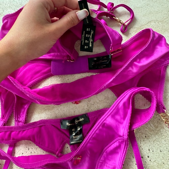 Honey Birdette Indya 3pc Set XS Bralette Garter & Thong Magenta Satin Lingerie - Picture 14 of 15